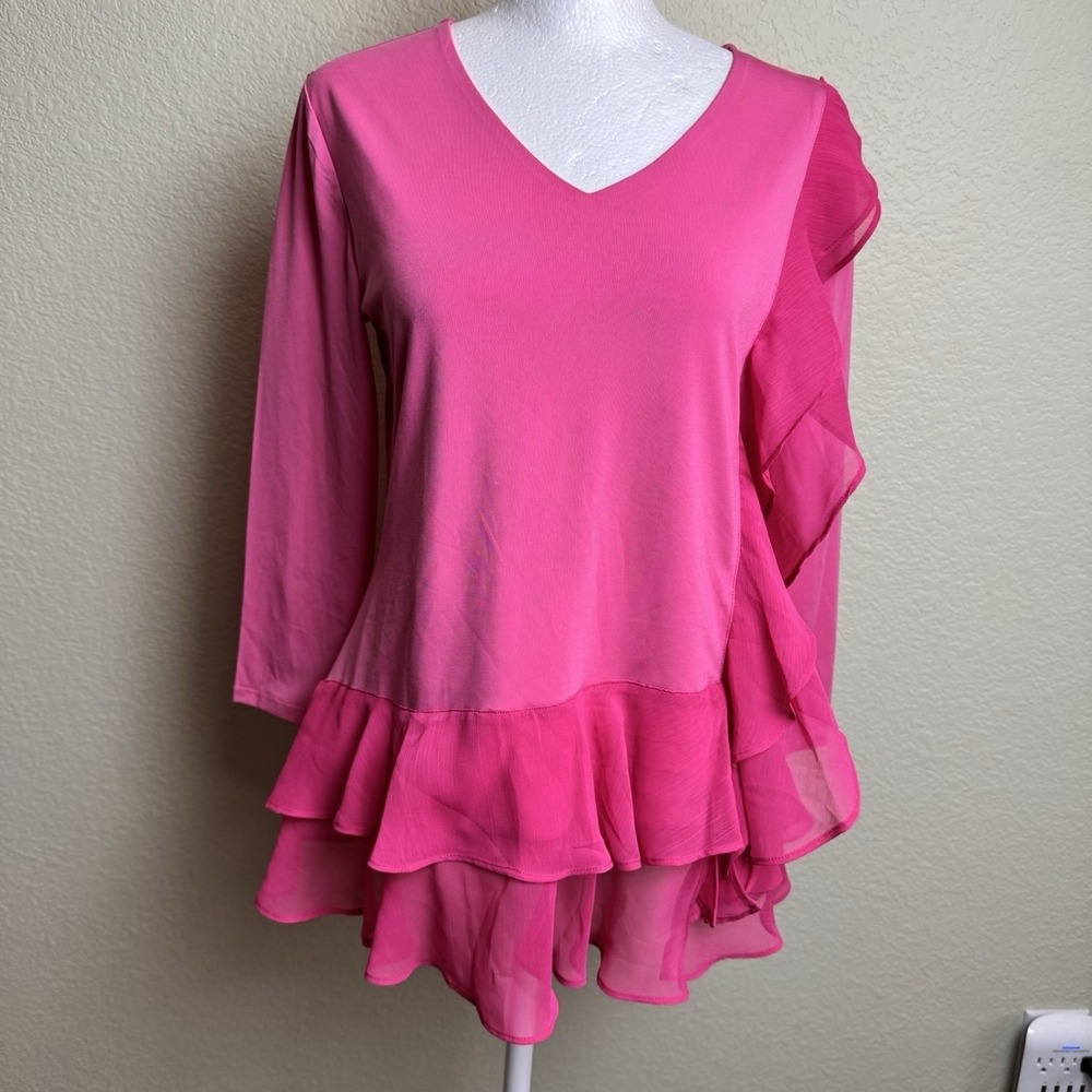 Kate & Mallory Women's Top Pink 3/4 Sleeves Ruffles V-Neck Stretch Size XS Tunic
